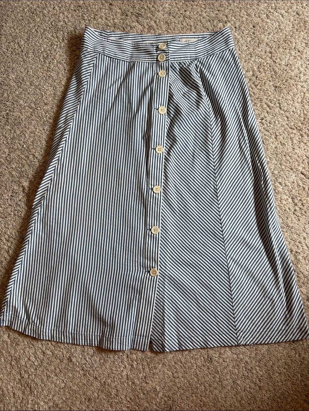 J. Crew Blue and White Striped Button-Front Midi Skirt